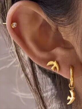 New! Gold Bird Huggie Hoop & Stud 6 Pc Earring Set Gold Plated Ear Stack • NWOT
